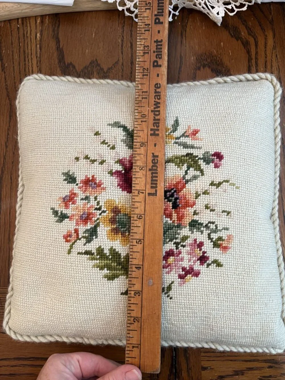 Vintage Floral Needlepoint Throw Pillow With Rope Trim & Green Velvet 12